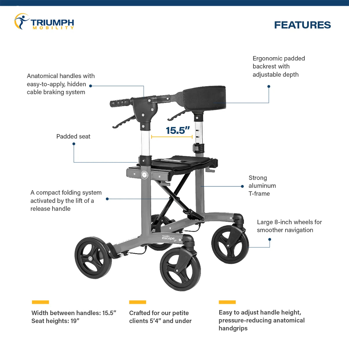 Triumph Escape Petite Rollator - Narrow Frame, 19" Seat Height - Side Profile